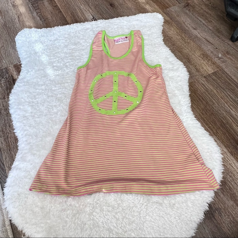 Girls Kash Ten Sleeveless Striped Dress Peace Sign Green Pink Size 6X.
